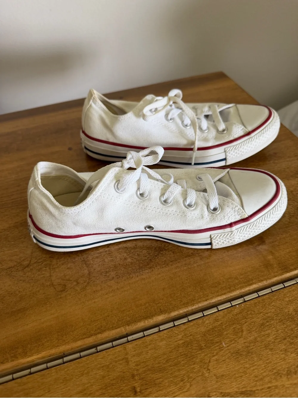 Converse White Canvas Low-Top Sneakers with Red & Blue Trim